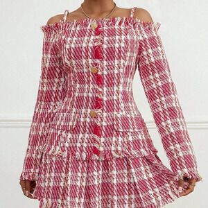 Red Elegant Women's Off-Shoulder Collar Raw Hem Detail Tweed Jacket And Skirt